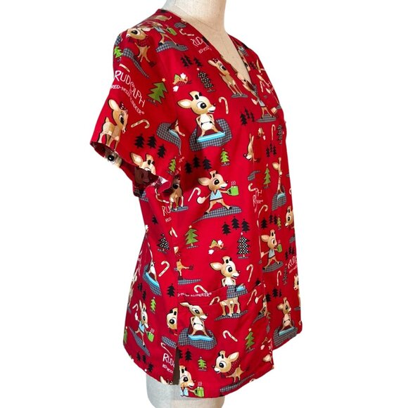 Rudolph The Red-Nosed Reindeer Red Christmas Scrub Top Unisex Size M 100% Cotton - Picture 3 of 7